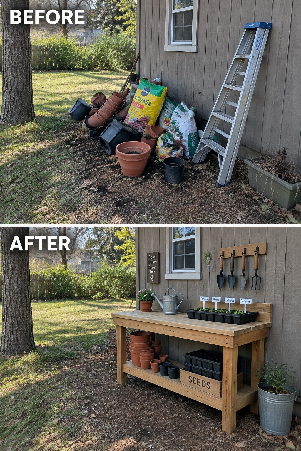 Before and after of messy yard with pots and ladder turned into tidy potting bench.
