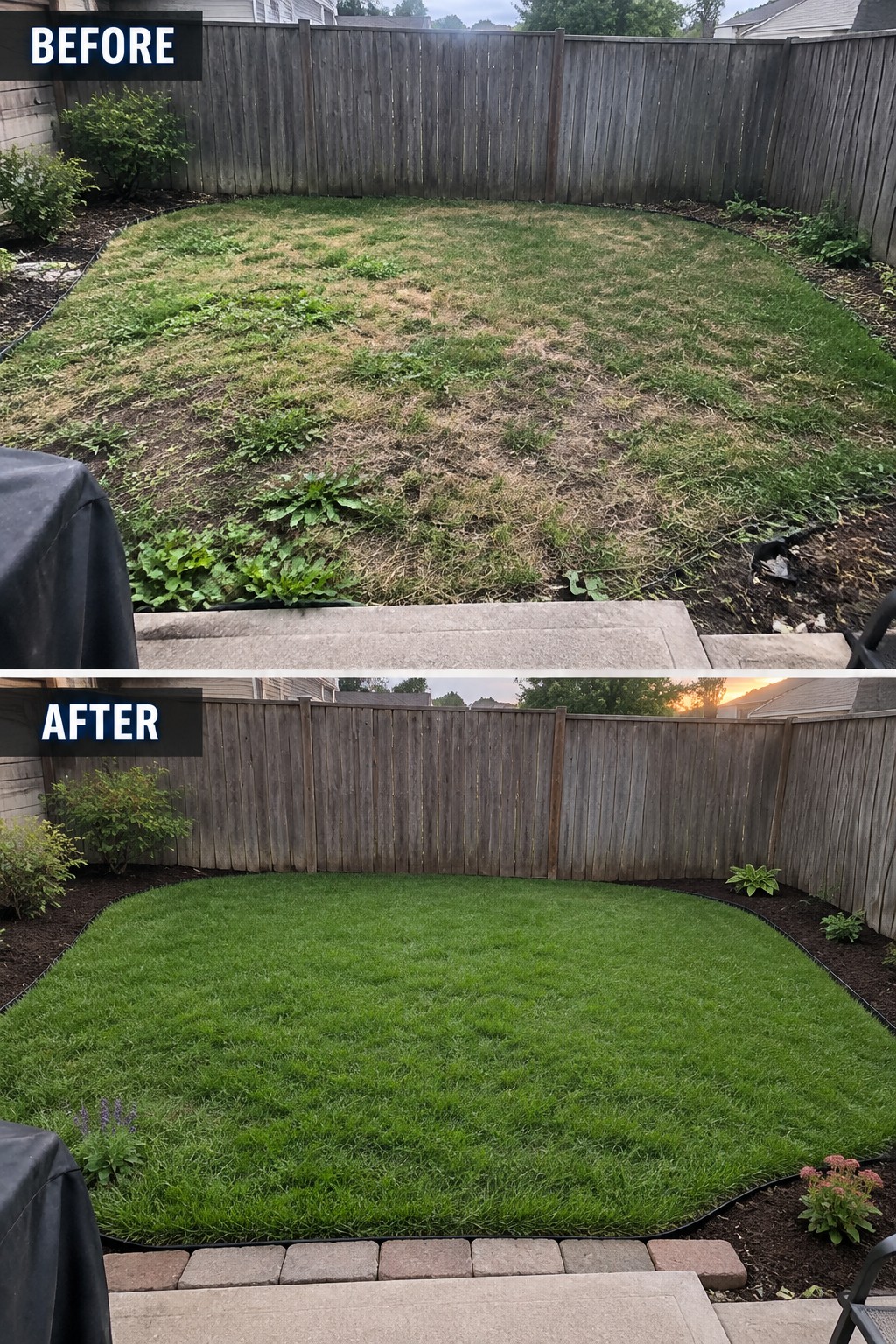 Before-and-after image of a patchy backyard lawn transformed into a lush green lawn with defined borders and simple plantings.