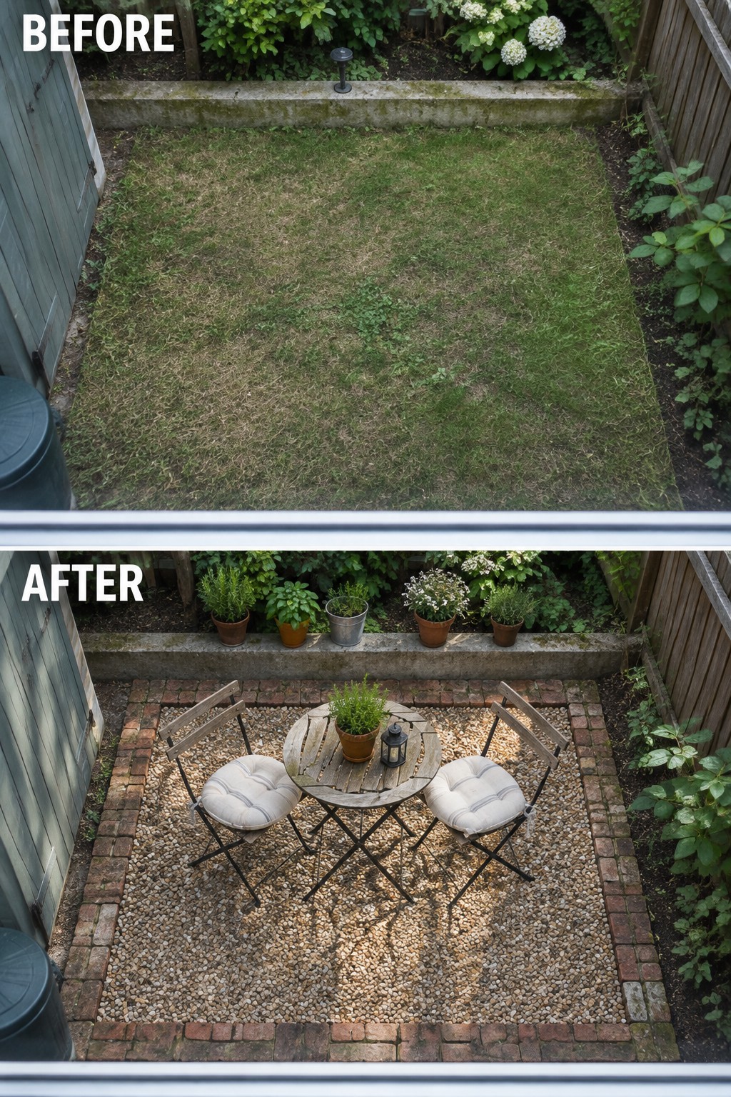 Before and after of patchy lawn transformed into gravel patio with bistro set