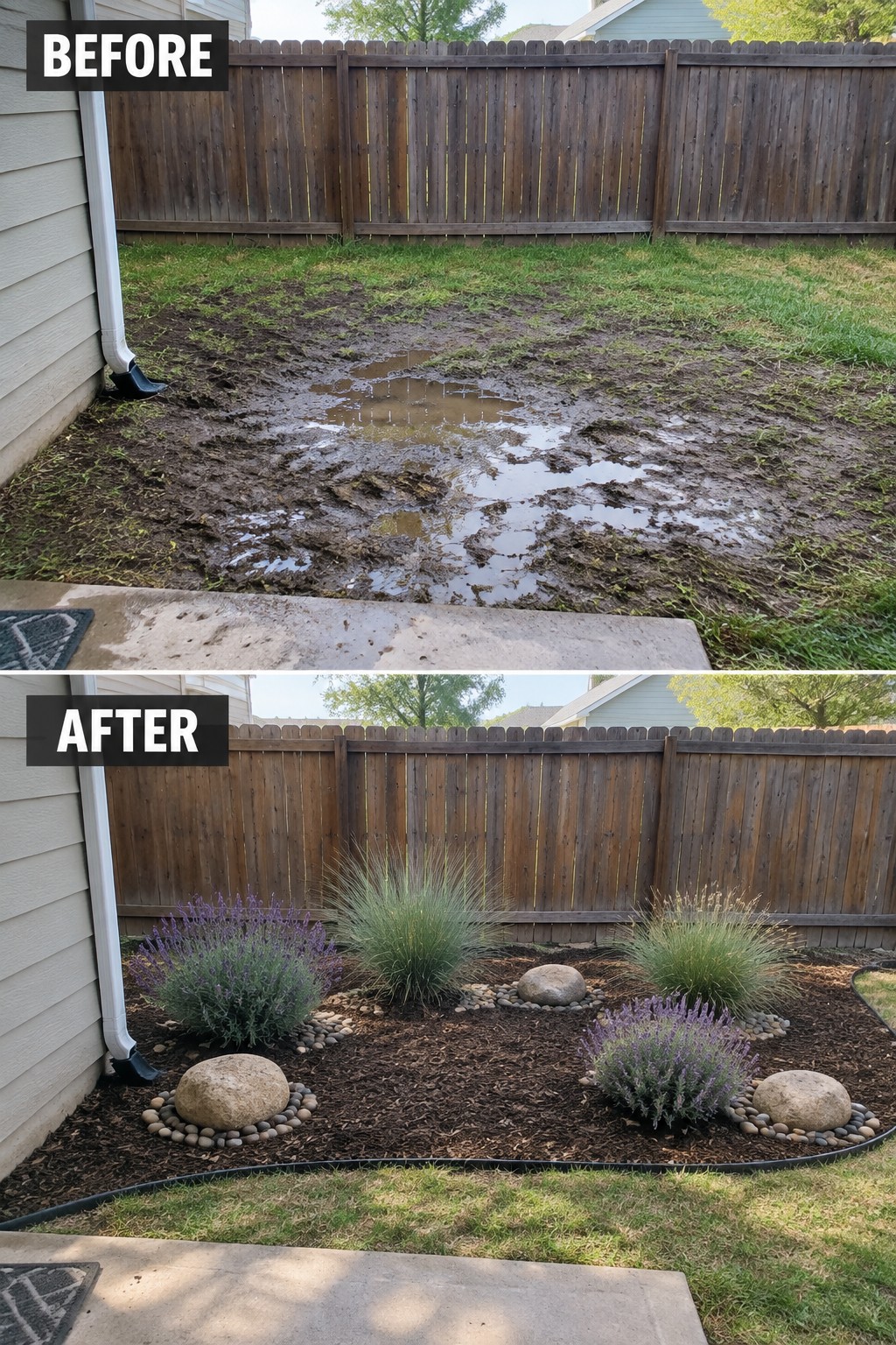 Before muddy yard and after mulched garden with lavender, grasses and rocks