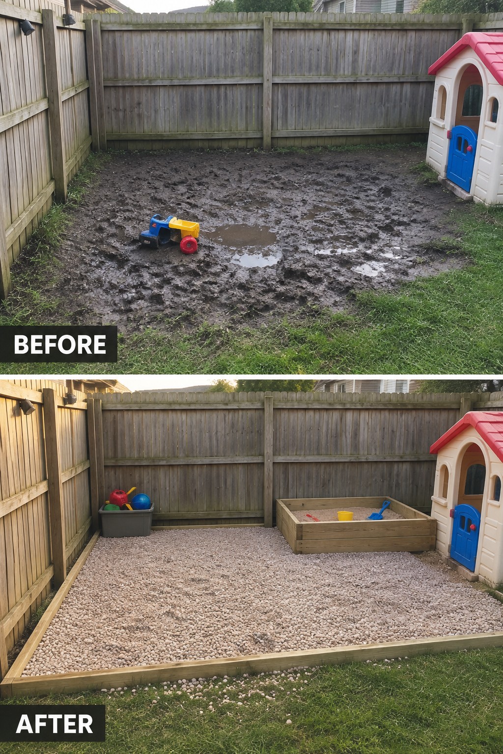 Before and after backyard transformation from mud to gravel with sandbox and toys