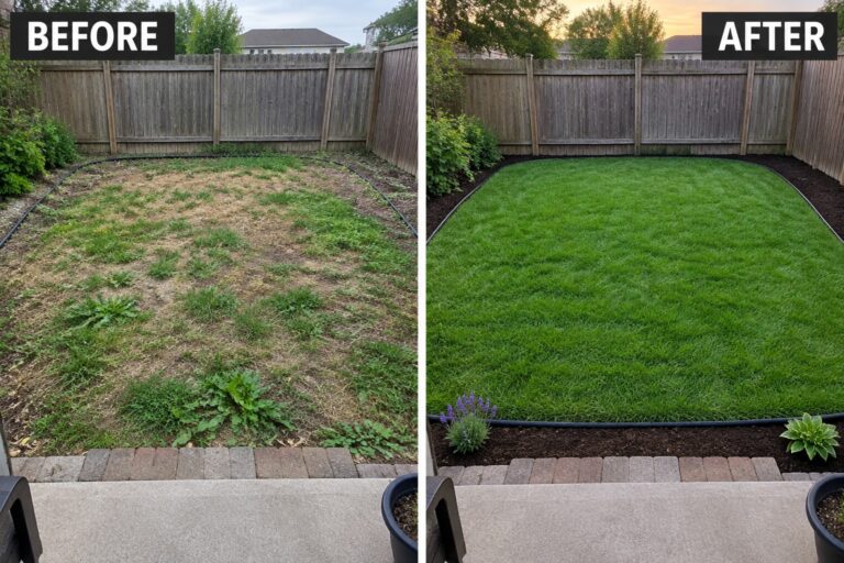 18 Budget Backyard Makeover Ideas Under $500 Before-and-after image of a patchy backyard lawn transformed into a lush green lawn with defined borders and simple plantings.