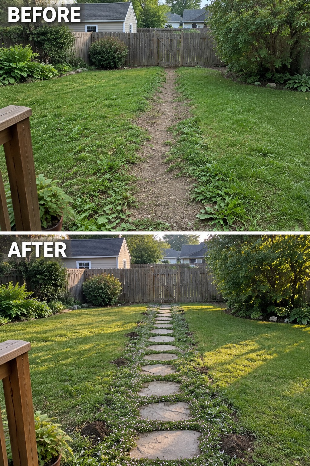 Before and after backyard path: dirt trail replaced by stone stepping stones with plant edging