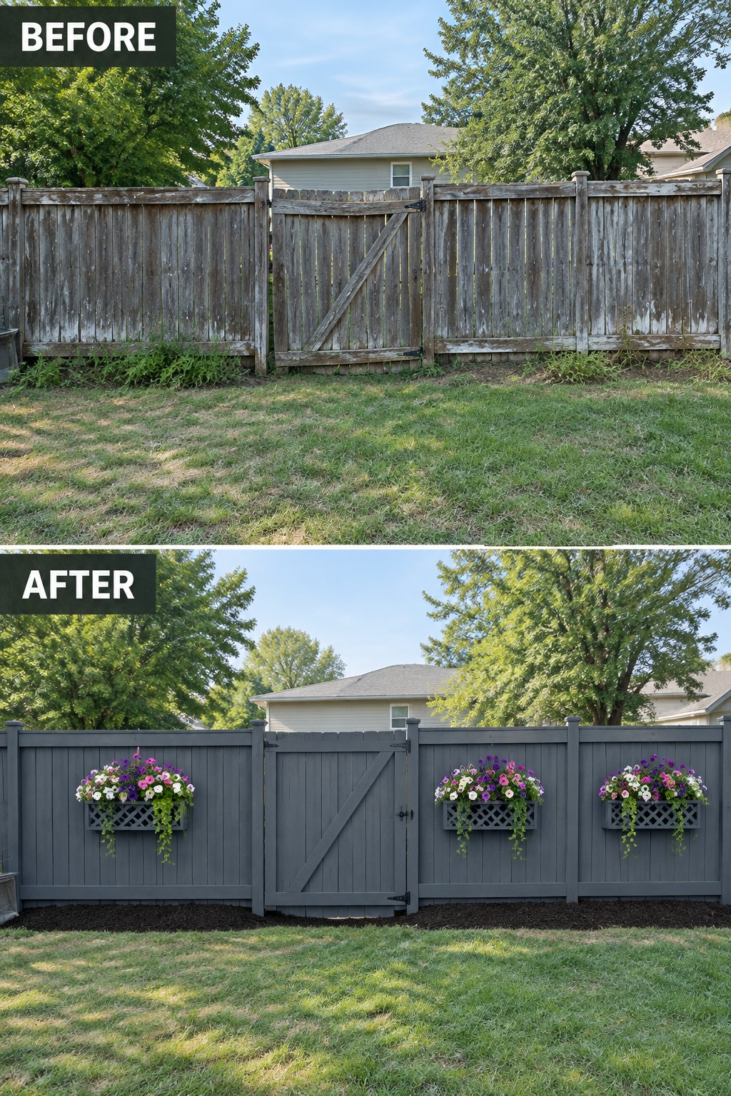 Before-and-after image of a weathered wooden fence and lawn updated with gray paint, flower boxes, and mulched beds.