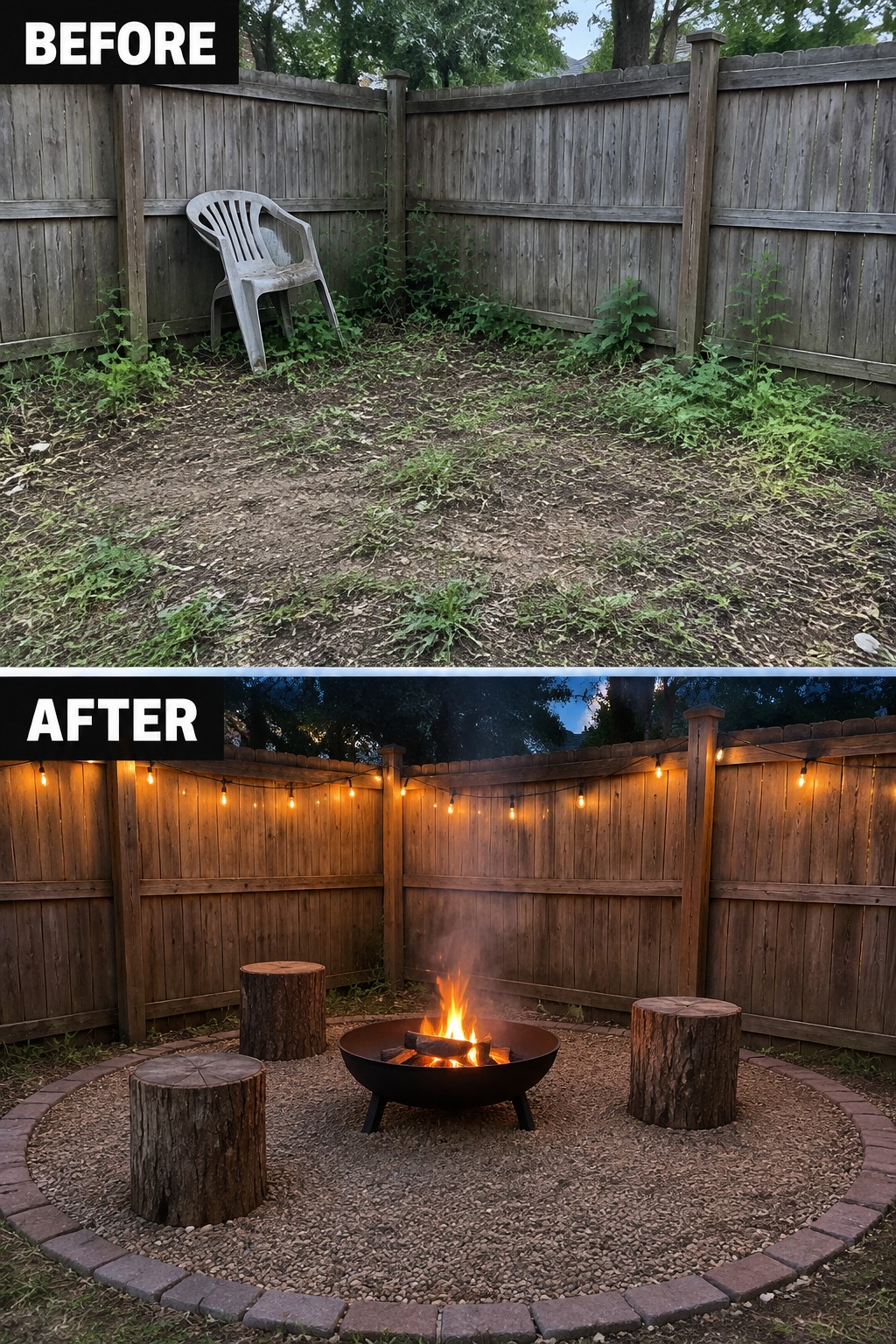 Before and after backyard fire pit with string lights and tree-stump seats