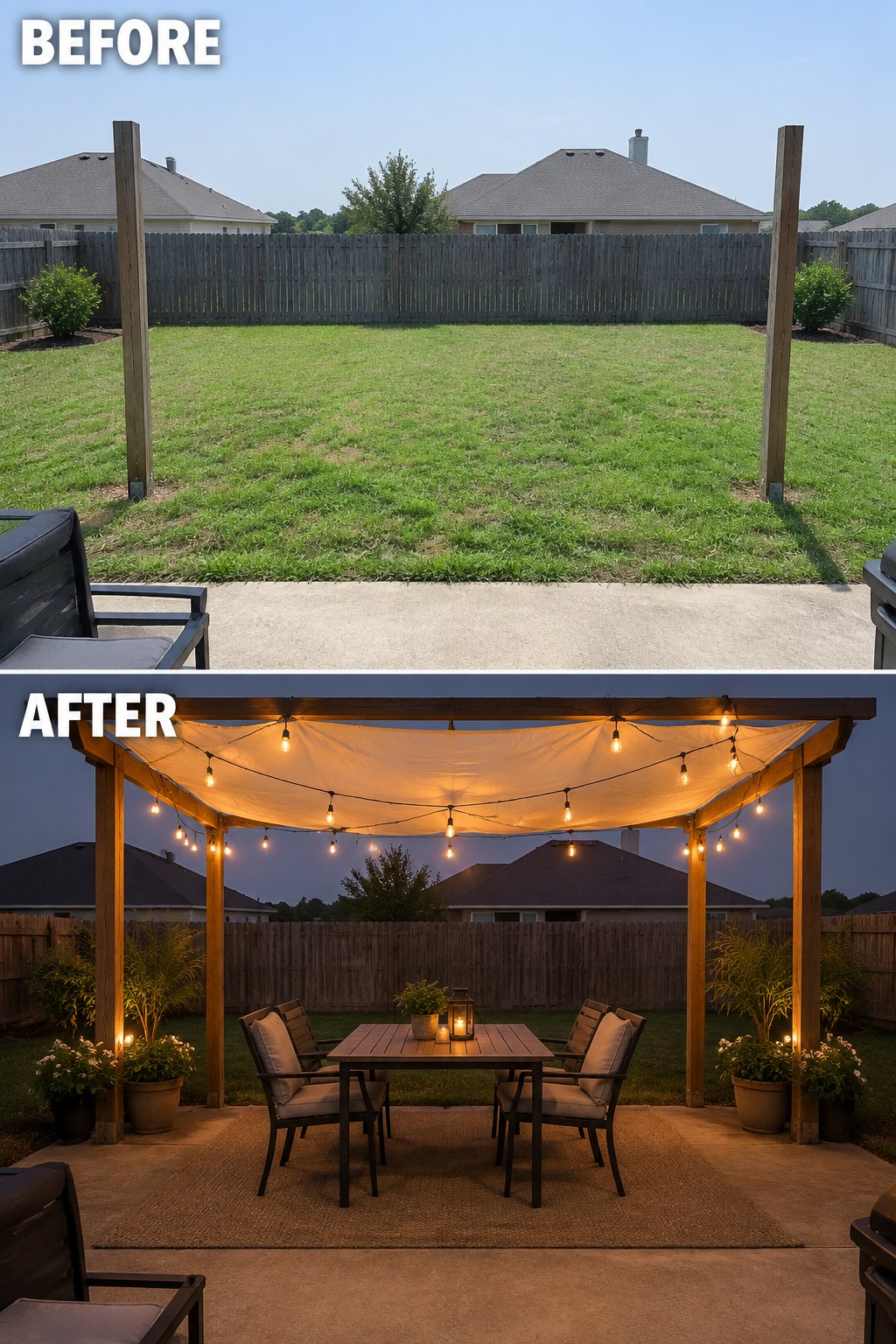 Before empty lawn and after pergola with string lights, table, chairs at dusk