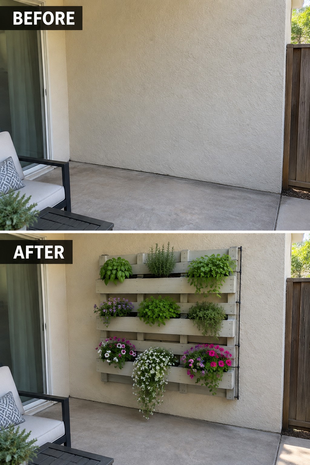 Before and after patio wall with wooden pallet vertical garden full of herbs and flowers.