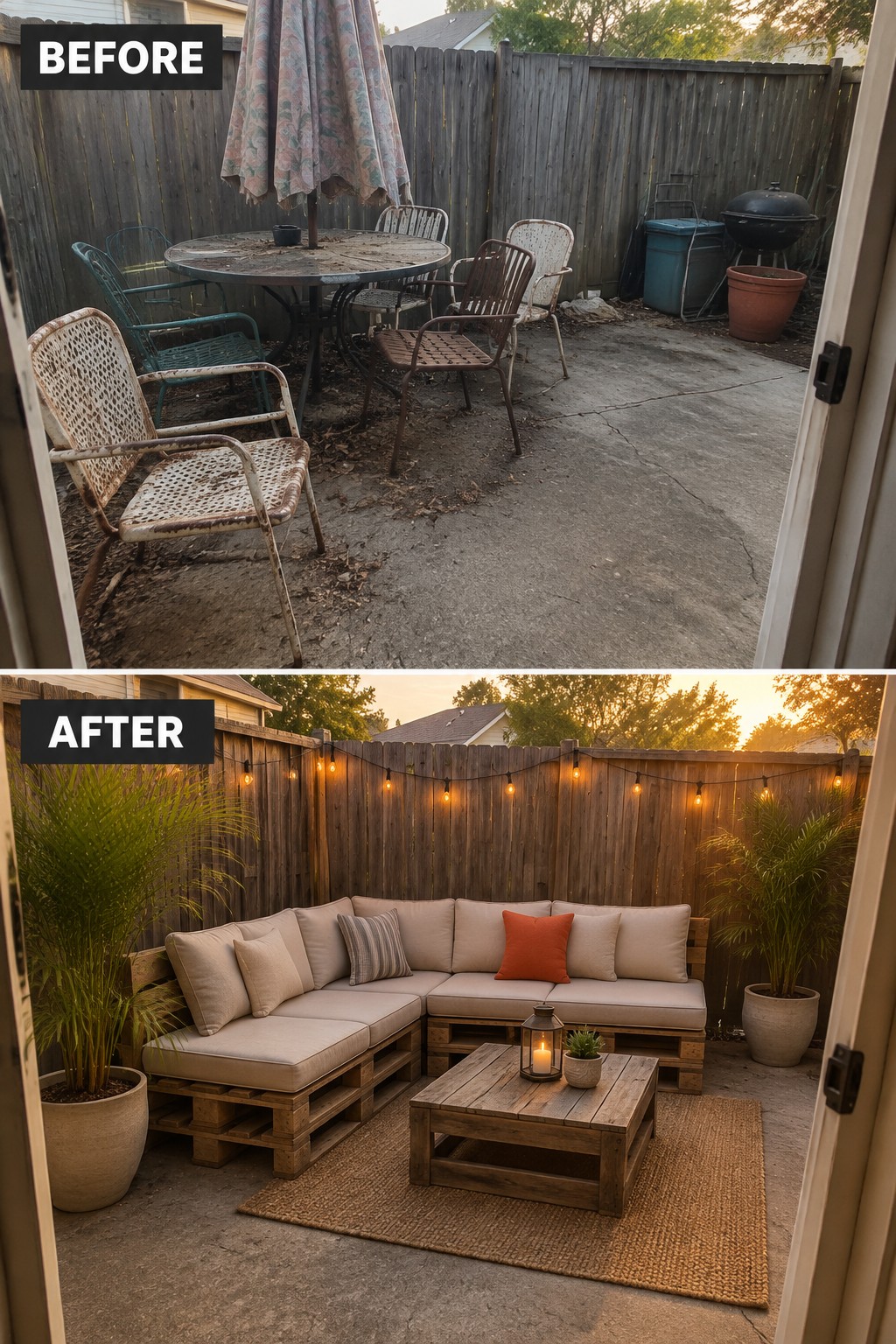 Before and after of backyard patio makeover with pallet sofa and string lights.