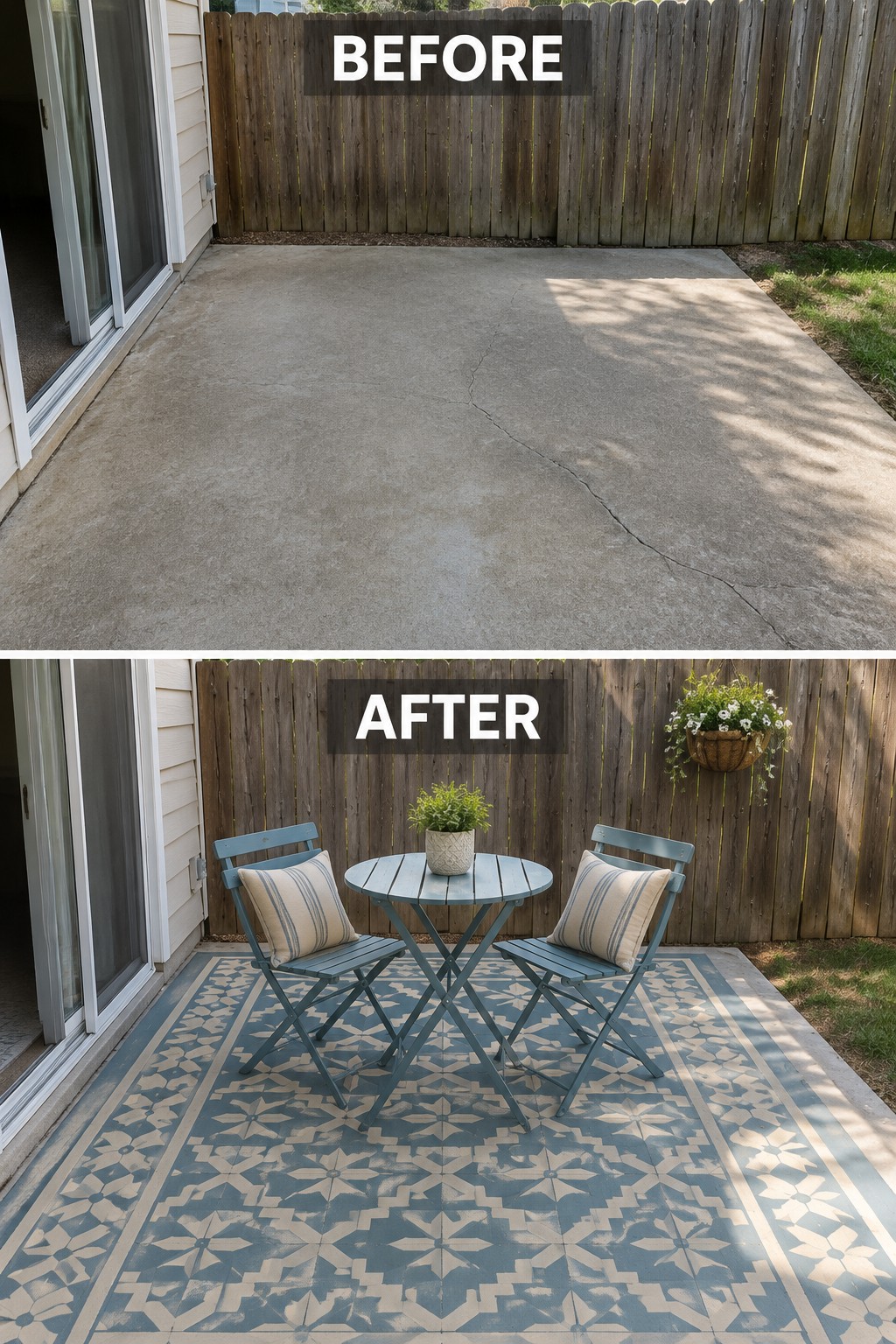 Before-and-after image of a plain concrete patio changed into an outdoor seating area with a patterned rug, bistro table, two chairs, and potted plants.