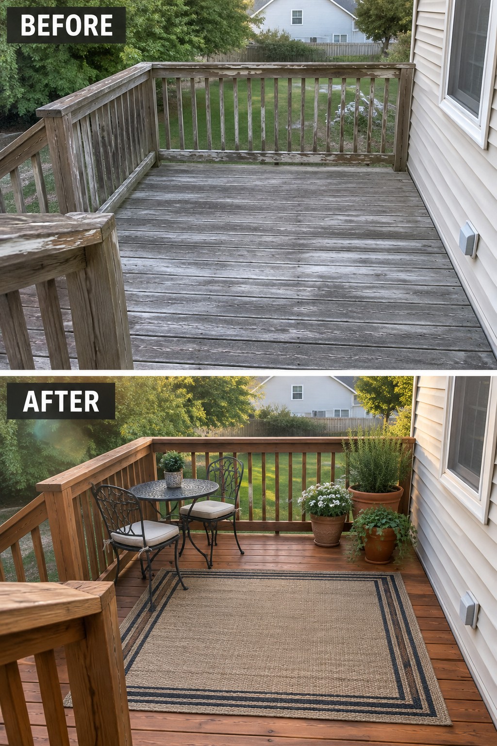 Before and after of weathered gray deck transformed to stained brown with rug, chairs, and plants