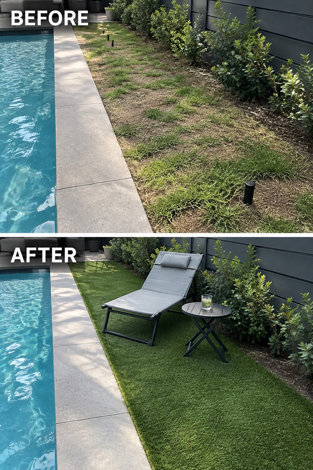 Poolside before-and-after: patchy dry grass replaced by lush turf with gray lounge chair.