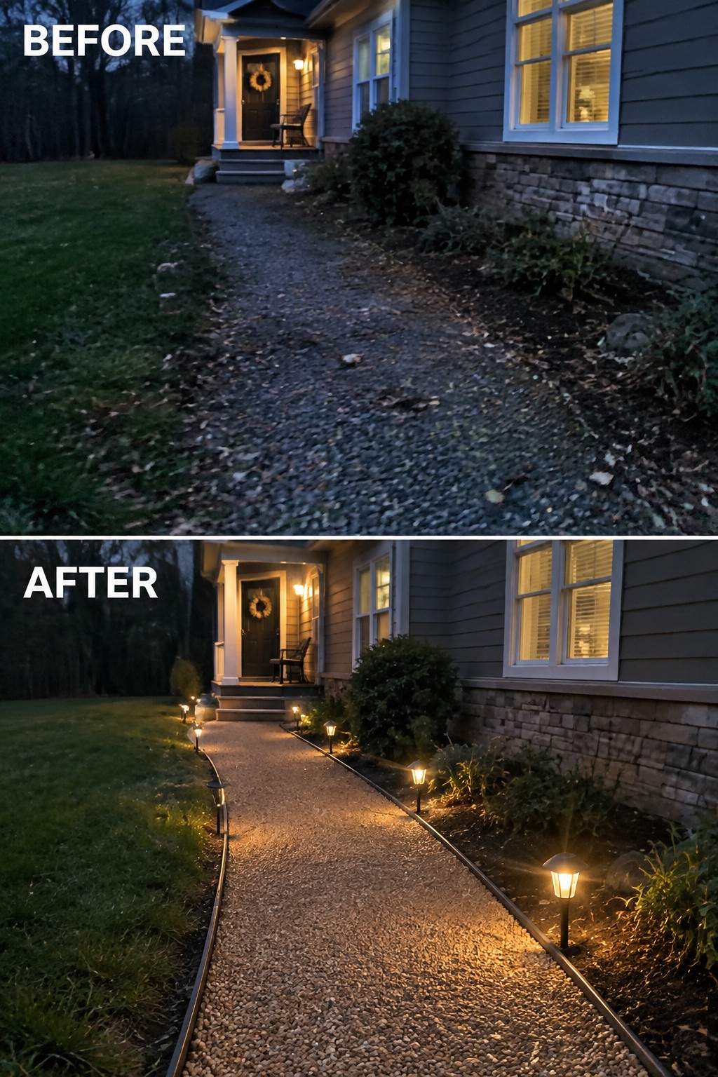Before and after of gravel path to house with added solar pathway lights.