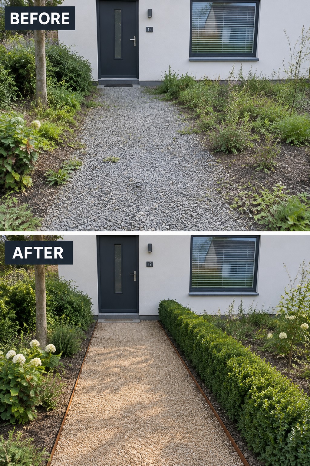 Before-and-after image of an overgrown gravel walkway at a house entrance, updated with metal edging and a planted hedge border.