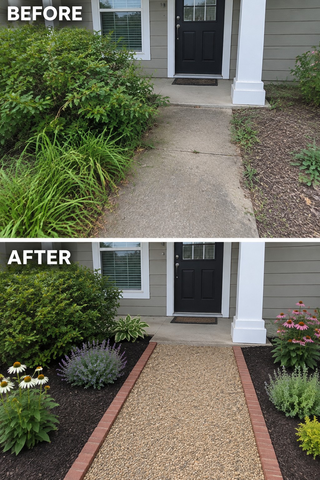 Before and after home walkway: overgrown bushes replaced by flowers and gravel path