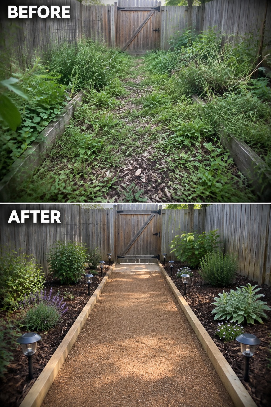 Before and after of overgrown garden path transformed into neat mulched walkway with lights.