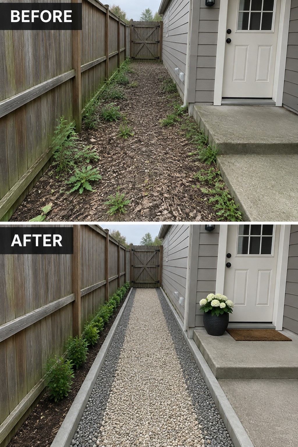 Before-and-after image of an overgrown side path next to a house, changed with gravel, concrete edging, and planted shrubs.