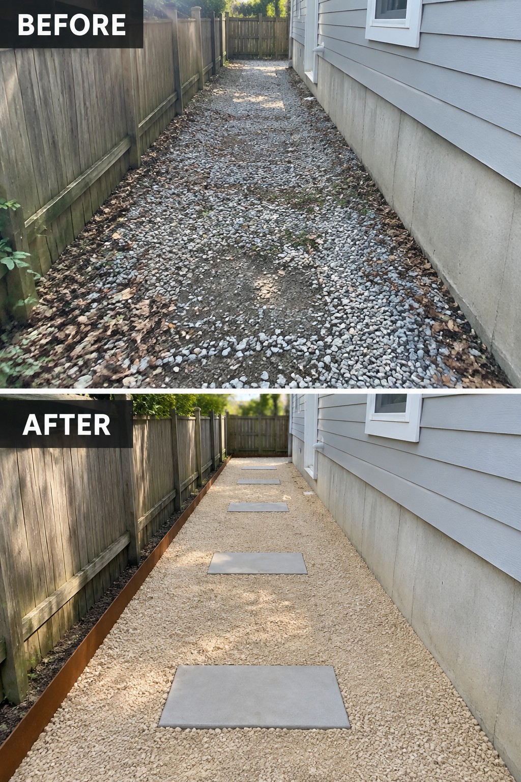 Before and after of gravel path with added concrete stepping stones beside house