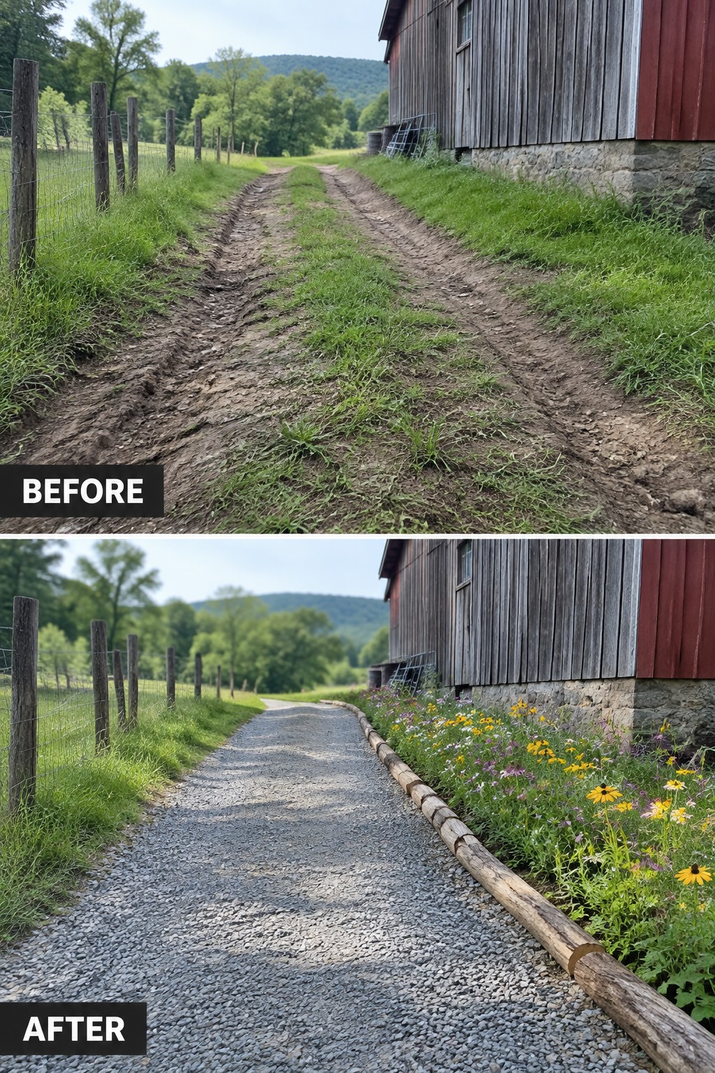 Before muddy path and after gravel walkway with wildflowers beside barn