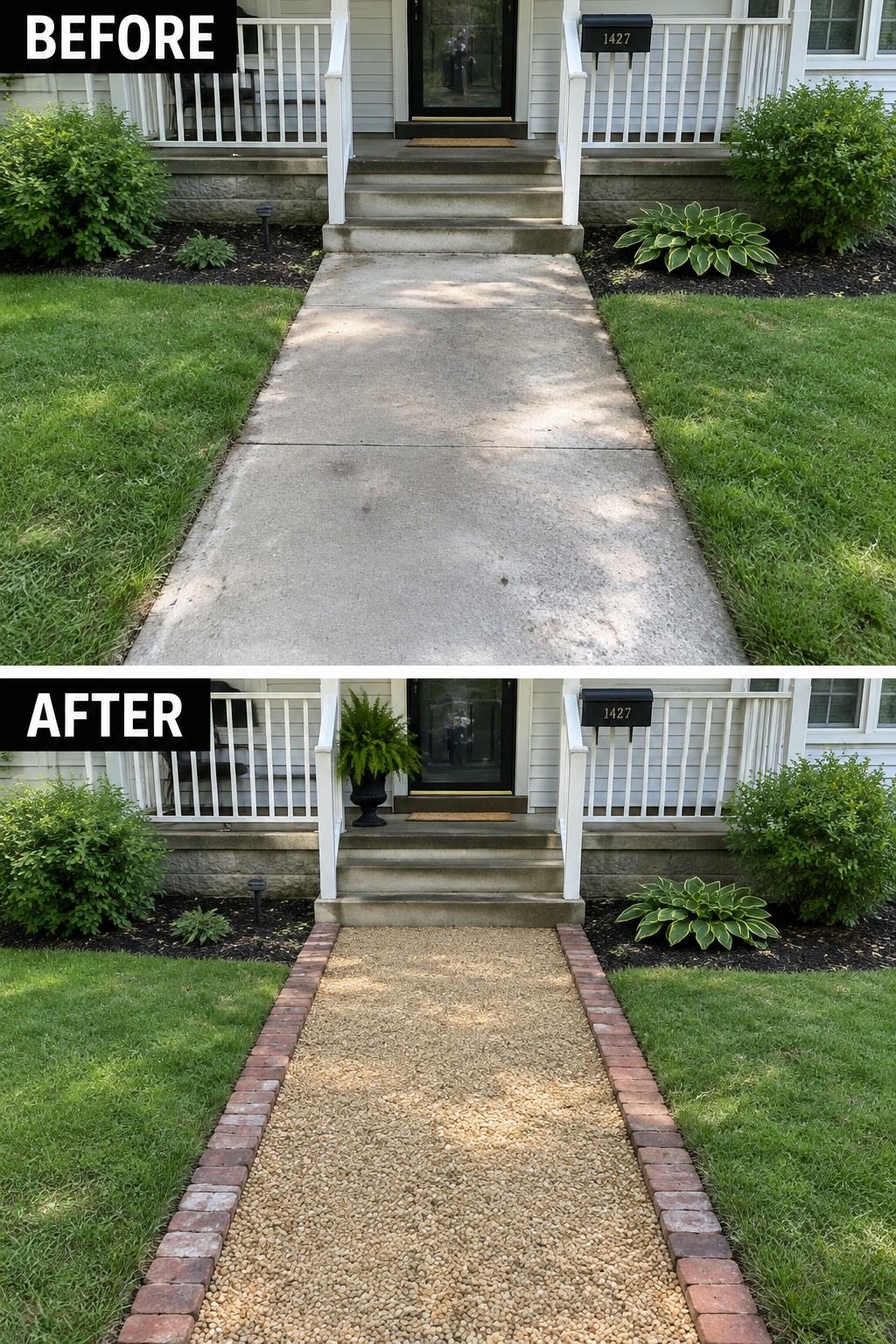 Before and after views of concrete walkway replaced by gravel path with brick borders.