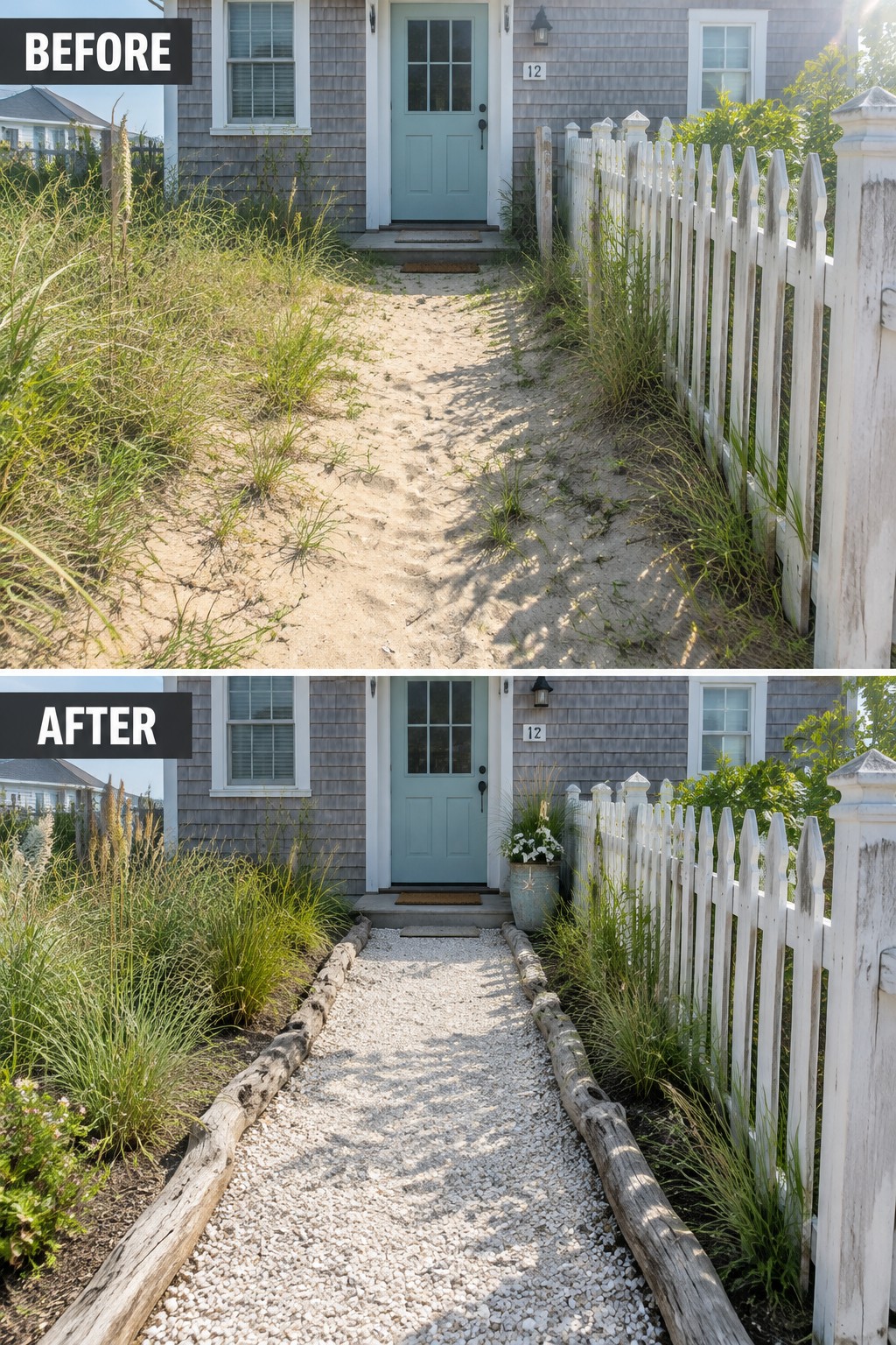 Before-and-after image of an overgrown sandy path to a front door changed into a defined gravel walkway with log edging and planted borders.