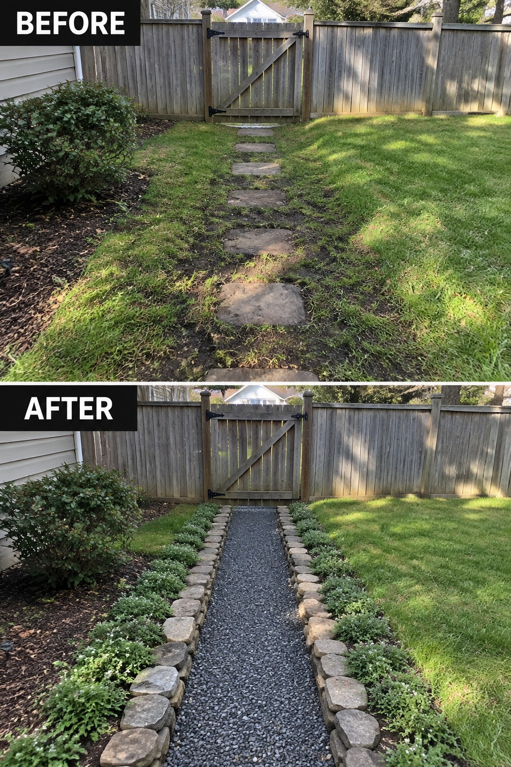 Before-and-after view of stepping-stone path upgraded to bordered gravel walkway with plants.