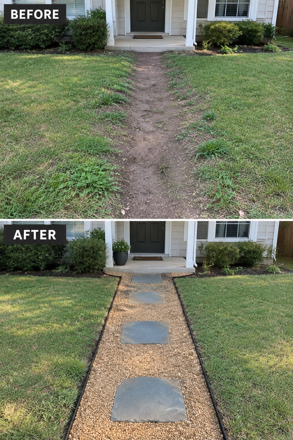 Before muddy path and after gravel stepping-stone walkway to front door.