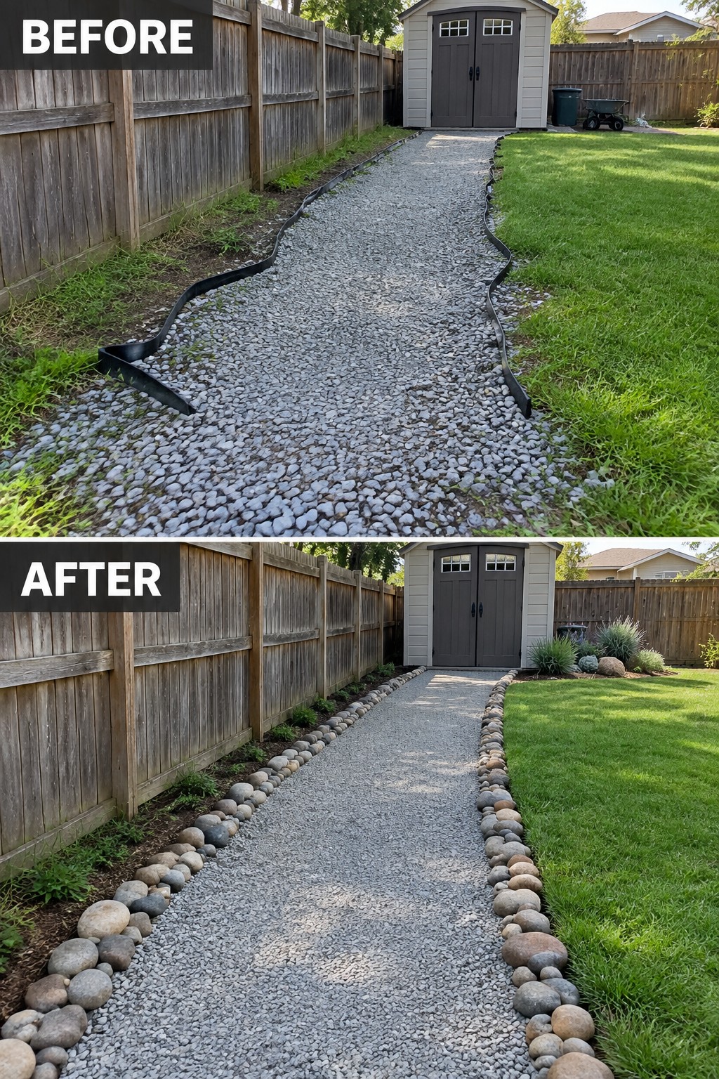 Before and after views of gravel path with stone edging by wooden fence