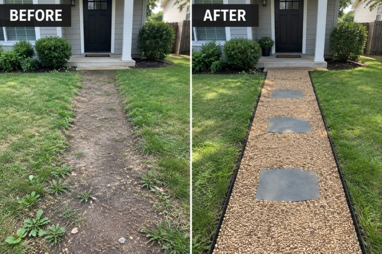 18 Budget-Friendly Walkway Makeover Ideas With Gravel and Edging Before muddy path and after gravel stepping-stone walkway to front door.