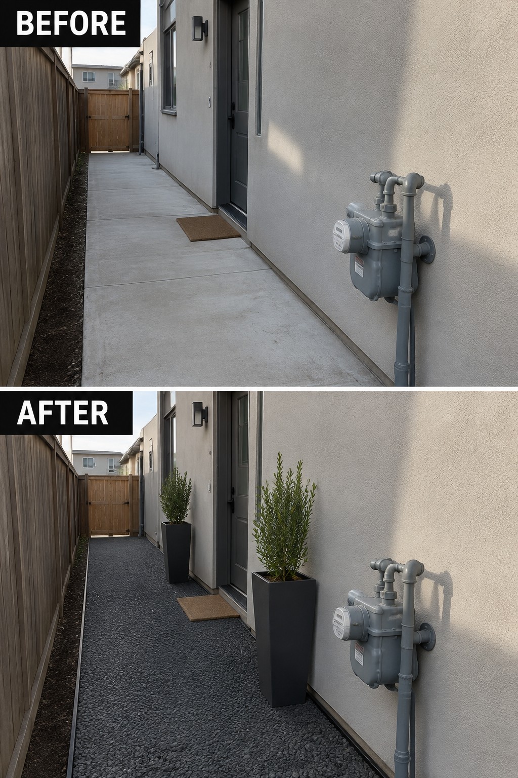 Before and after of concrete walkway replaced by gravel with tall planters beside gas meter