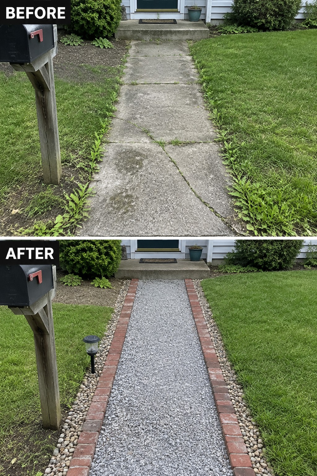 Before-and-after of cracked concrete path replaced by gravel walkway with red brick borders.