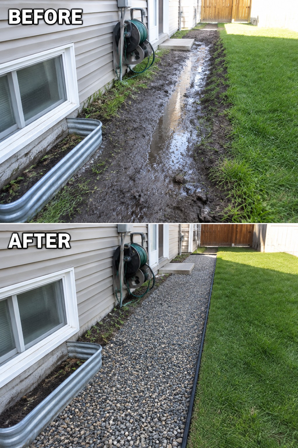 Before-and-after photos of muddy trench beside house now filled with gravel.