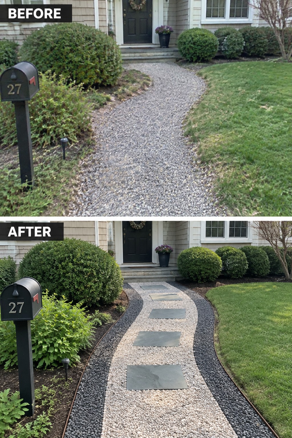 Before-and-after views of a home walkway upgraded with gravel borders and stone stepping stones.