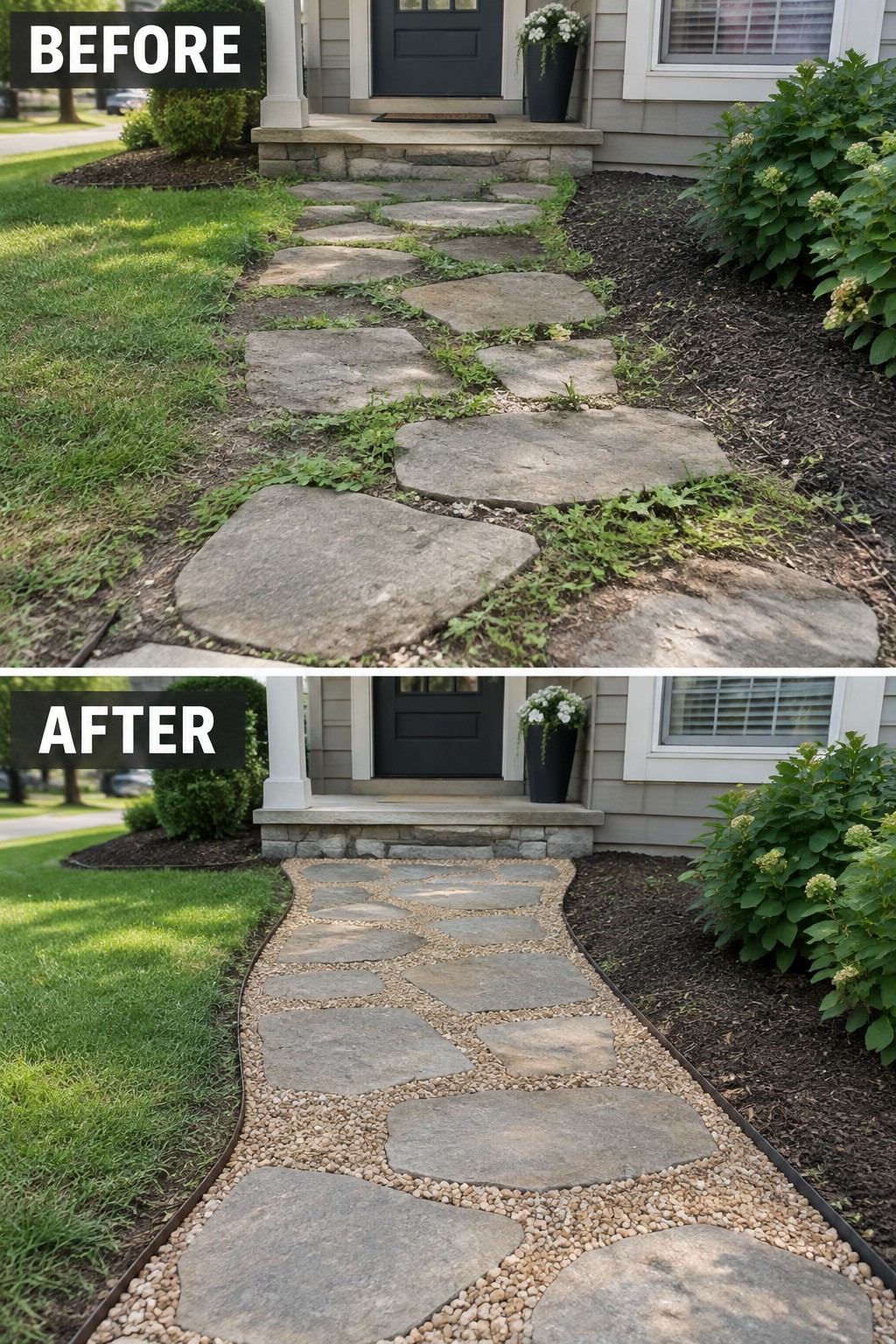 Before-and-after flagstone path to front door with weeds replaced by gravel edging.