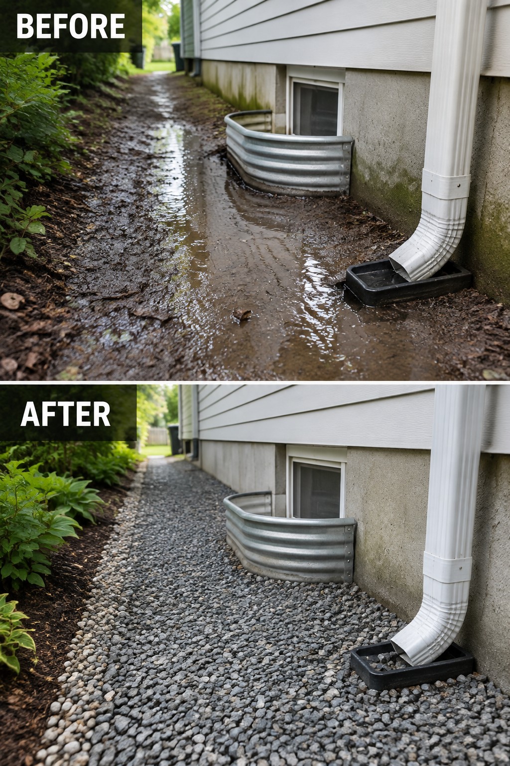 Before and after house exterior: muddy path transformed into clean gravel drainage area