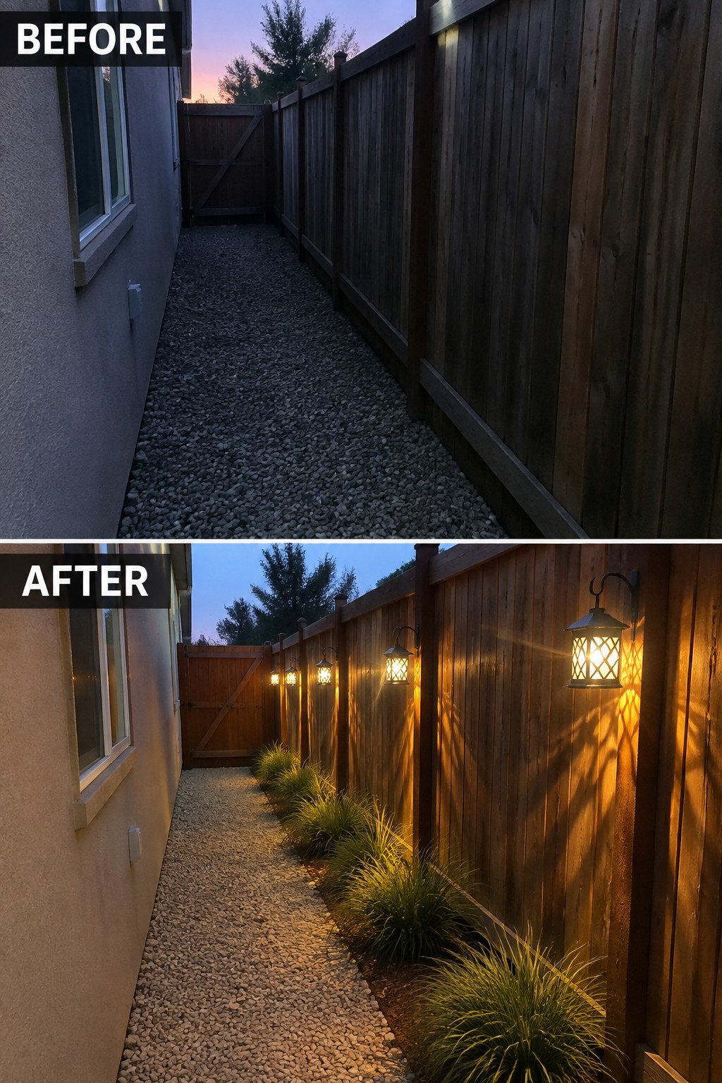 Before-and-after of gravel path with fence lit by lanterns and lined with grasses.