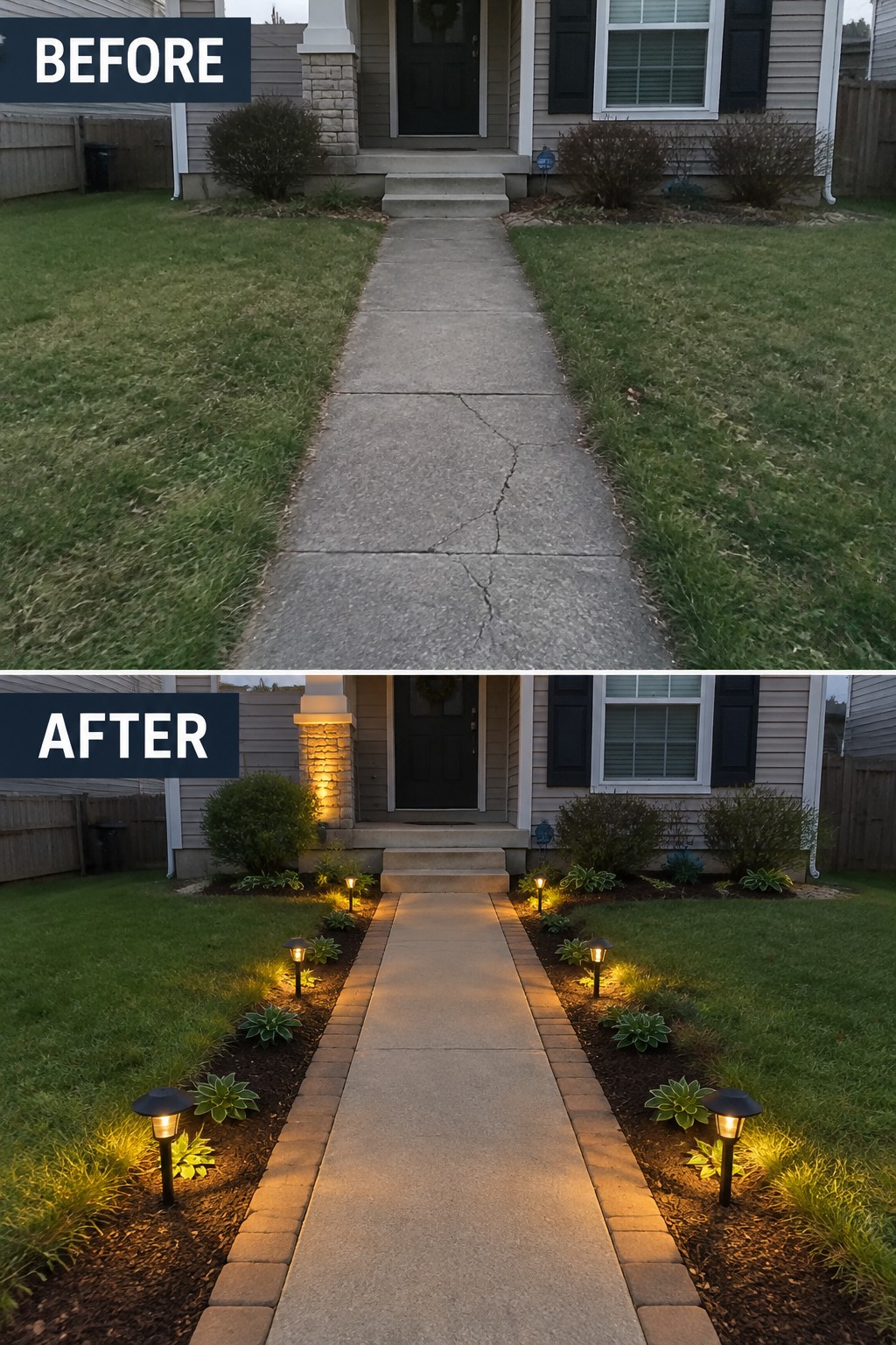 Before-after view of cracked walkway upgraded with brick borders, plants and glowing path lights.