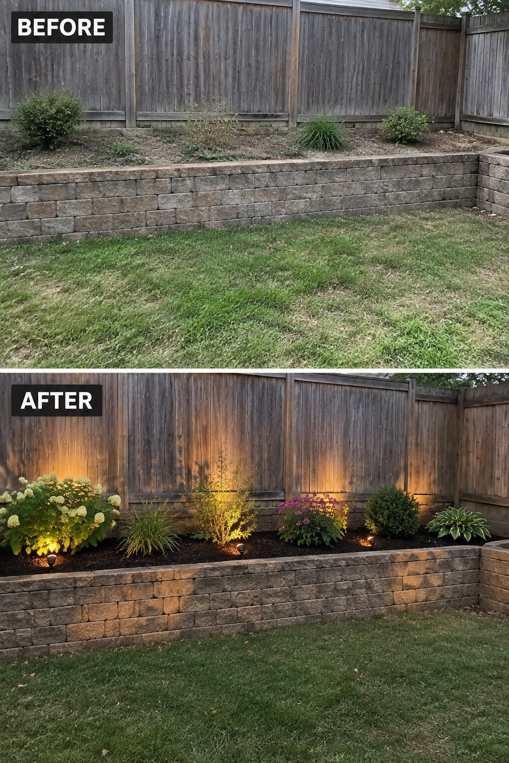 Before and after of backyard retaining wall garden with new plants and uplighting.
