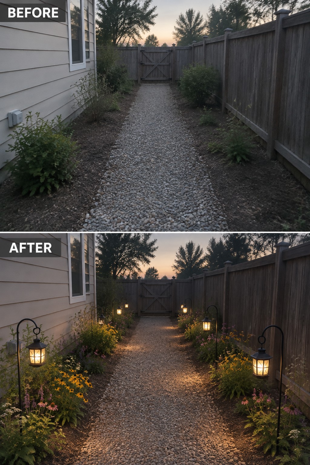 Before-and-after image of a gravel path between a house and wooden fence, updated with solar lanterns and flower beds along both edges.