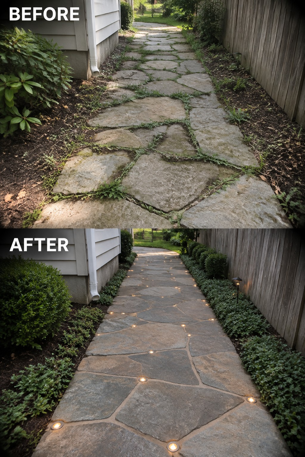 Before-and-after stone path: overgrown with weeds above, clean with embedded lights below.