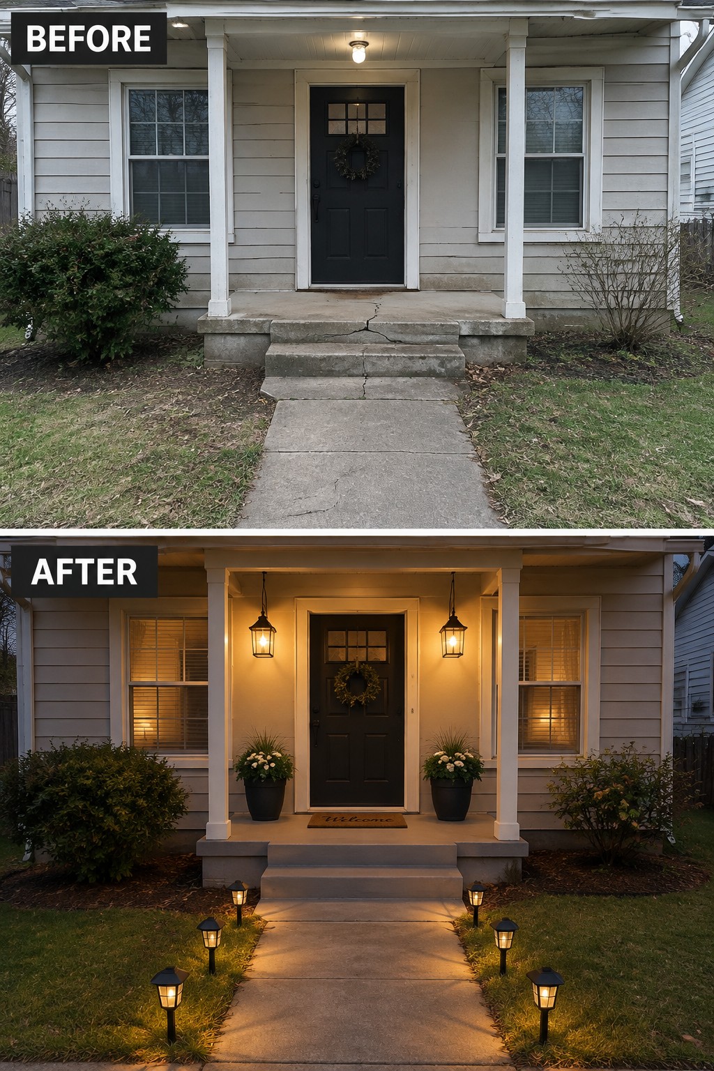 Before-and-after image of a front porch and walkway updated with solar path lights, hanging lanterns, and potted plants.