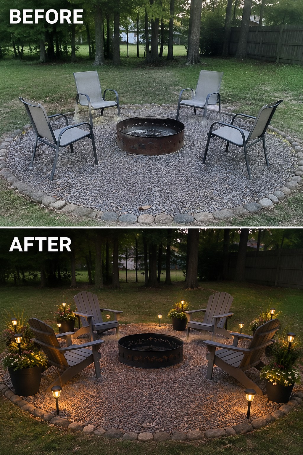 Before-and-after backyard fire pit with gray chairs upgraded to wooden Adirondacks, plants, and lights.