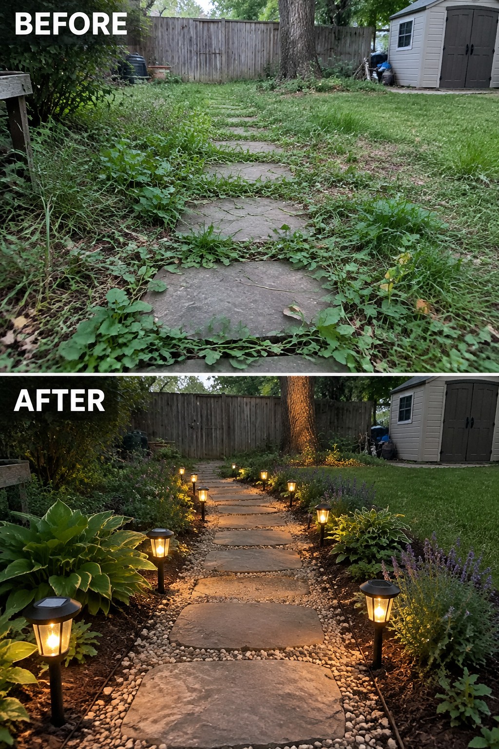 Before-and-after image of an overgrown stone path transformed with solar path lights, gravel edging, and planted borders.
