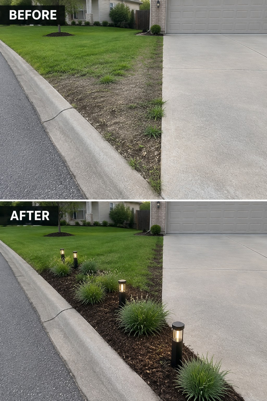 Before and after of curb strip mulched with grasses and glowing pathway lights.