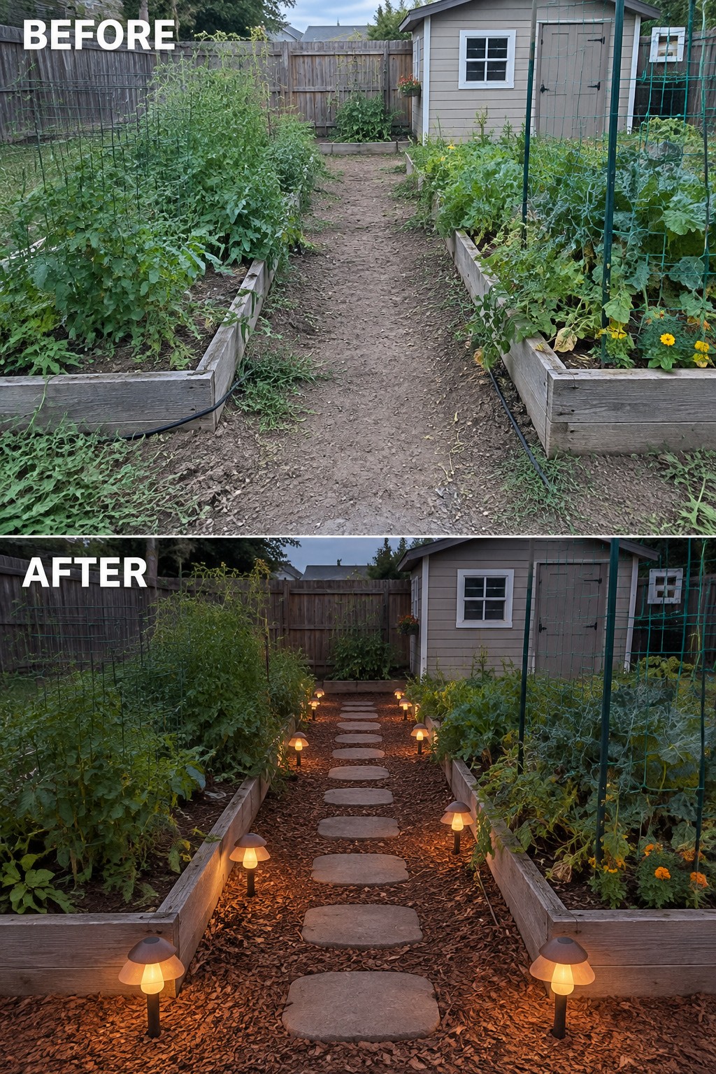 Before-and-after image of a garden path changed from bare dirt to a mulched walkway with stepping stones and solar lights.