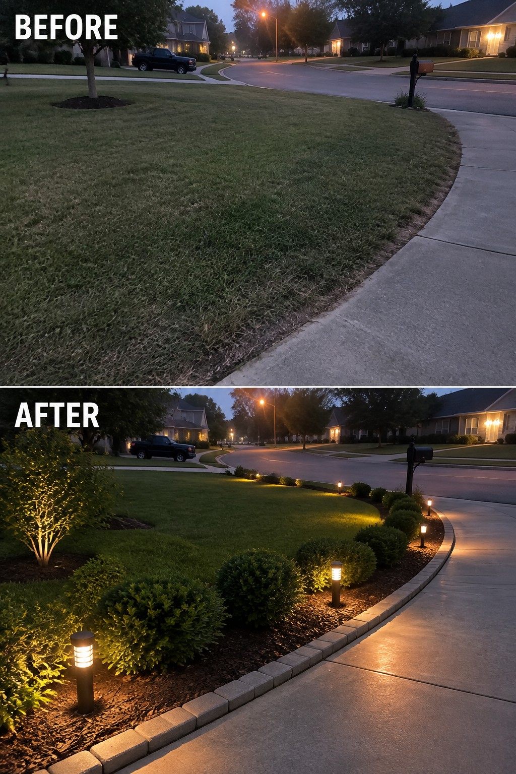 Before and after of suburban yard with new shrubs, mulch, and pathway lights at dusk