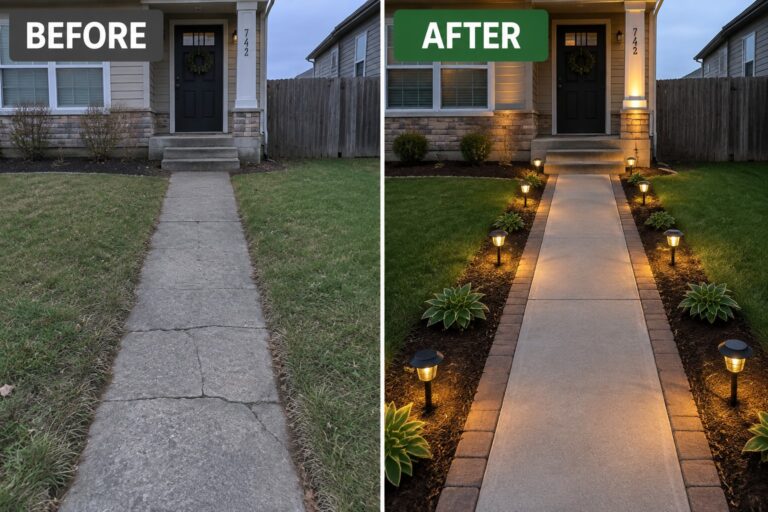 Before-after view of cracked walkway upgraded with brick borders, plants and glowing path lights.