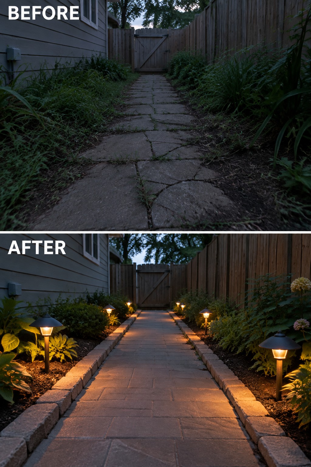 Before and after of cracked stone path transformed with solar lights and brick edging.