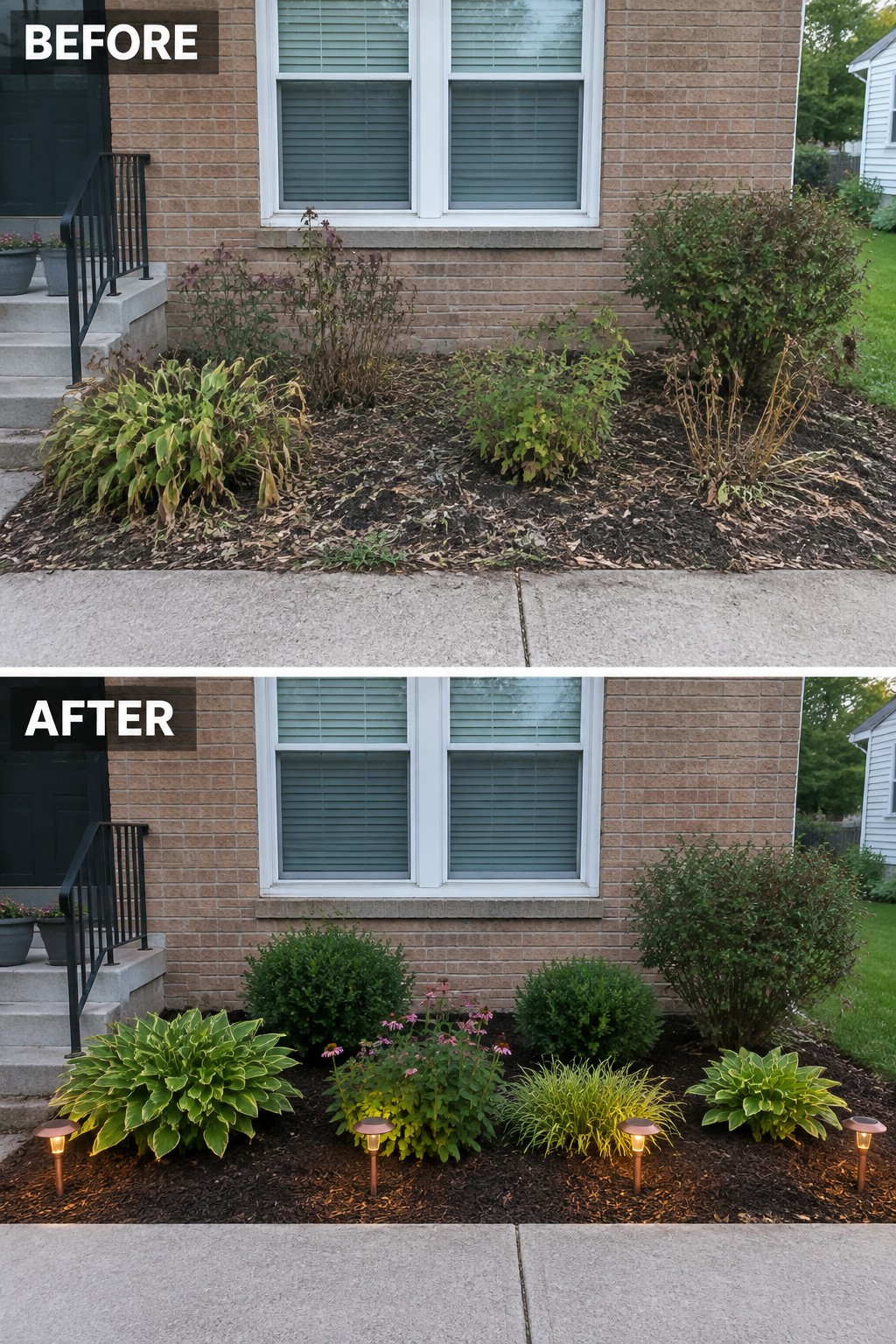Before and after of overgrown garden bed transformed into neat planting with shrubs and lights.