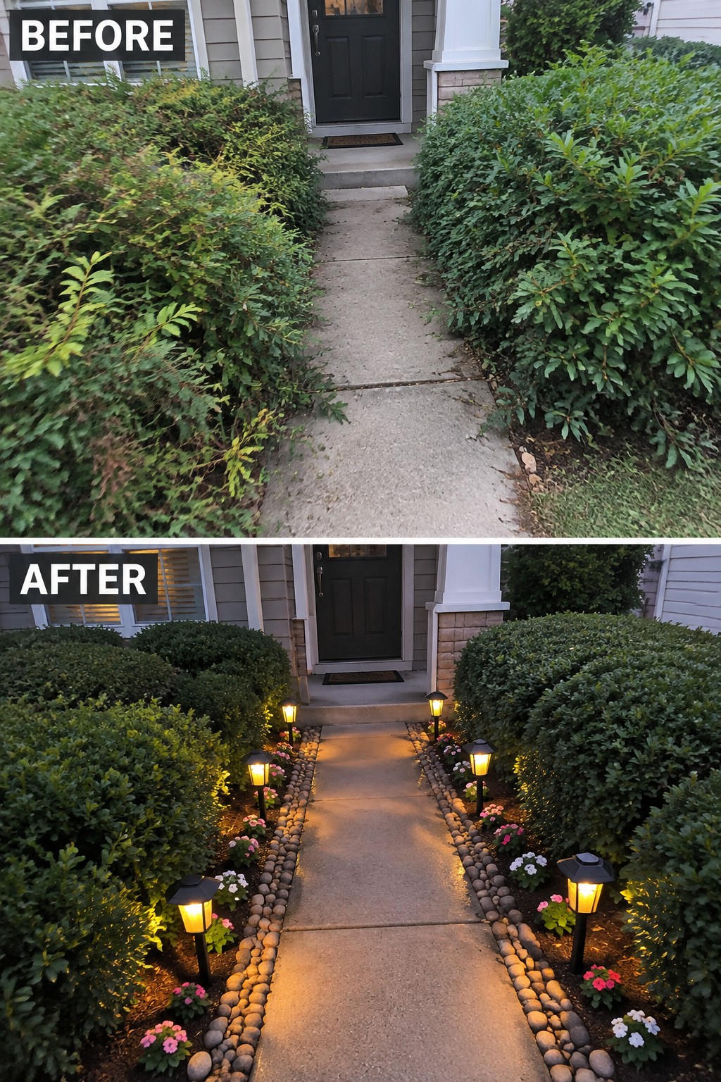 Before and after views of walkway with trimmed bushes, lights and flowers.