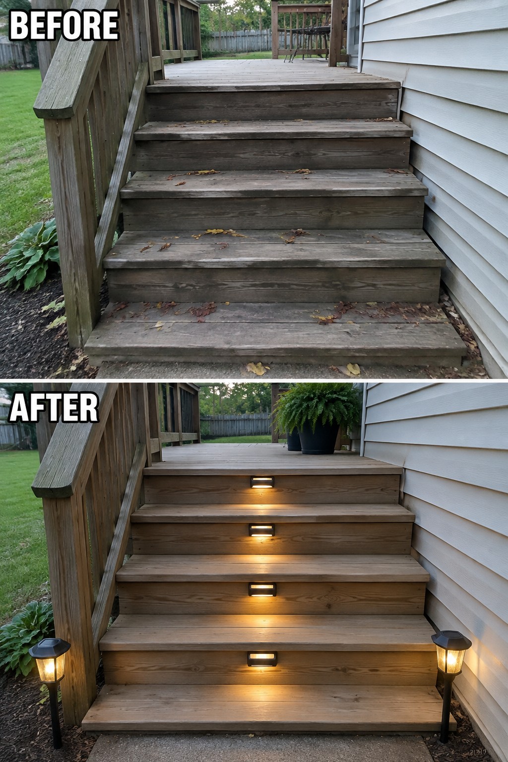Before and after wooden deck stairs with added glowing step lights